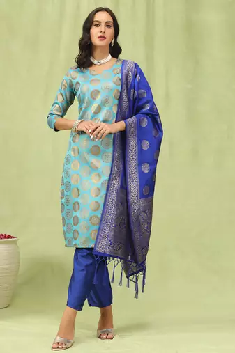sky-blue cotton silk festive kurta set