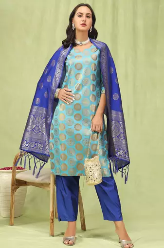 sky-blue cotton silk festive kurta set