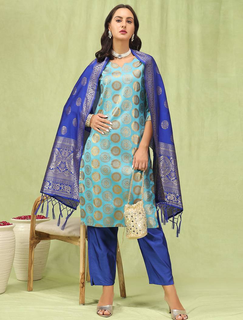 sky-blue cotton silk festive kurta set