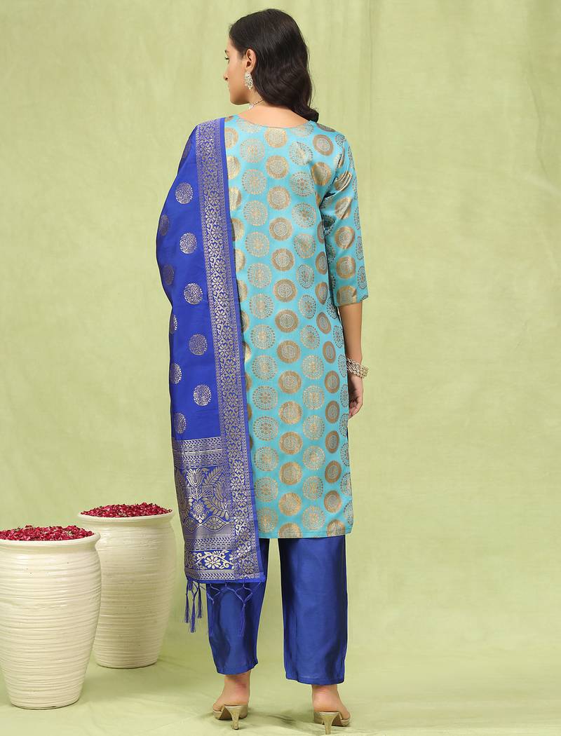sky-blue cotton silk festive kurta set