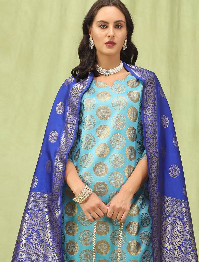 sky-blue cotton silk festive kurta set