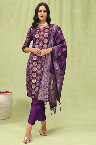 purple cotton silk festive kurta set