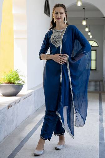 teal-blue silk blend festive kurta set