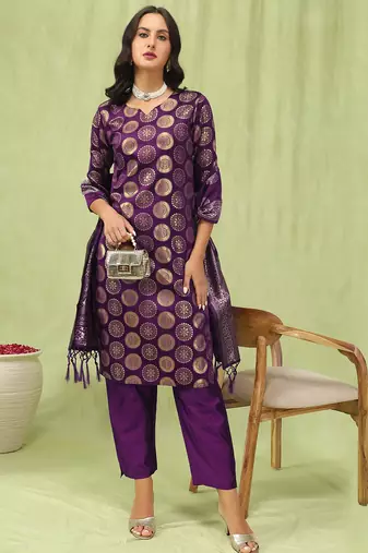 purple cotton silk festive kurta set
