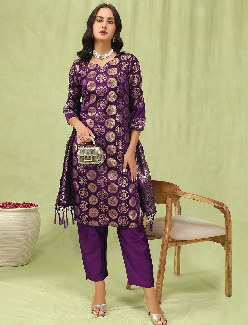 purple cotton silk festive kurta set