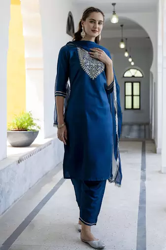 teal-blue silk blend festive kurta set