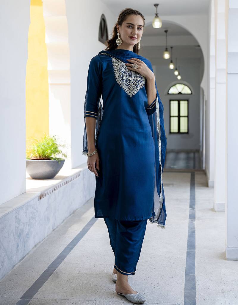 teal-blue silk blend festive kurta set