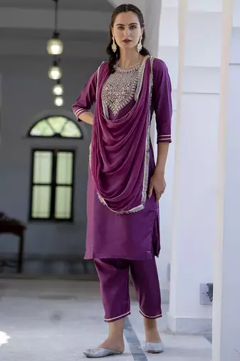 magenta silk blend festive kurta set