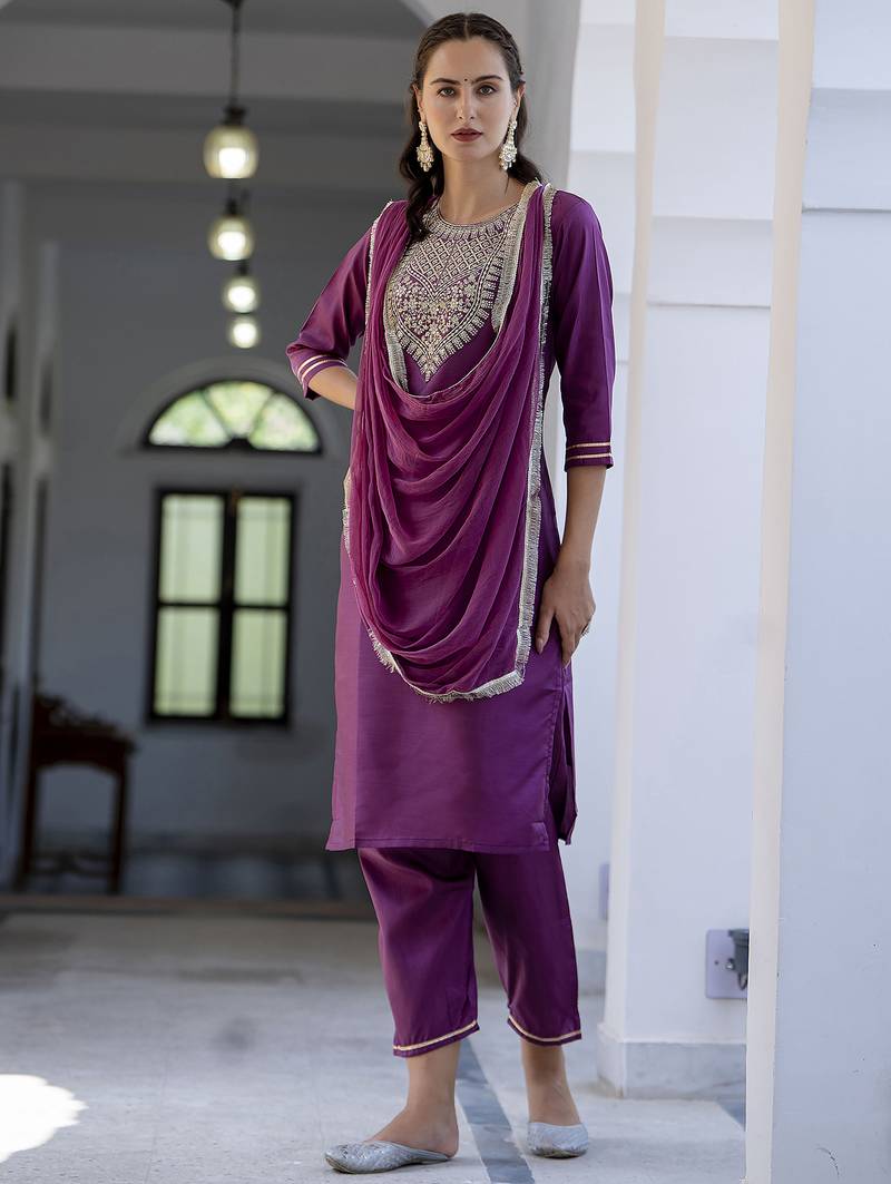 magenta silk blend festive kurta set