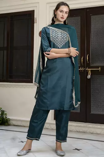 green silk blend festive kurta set