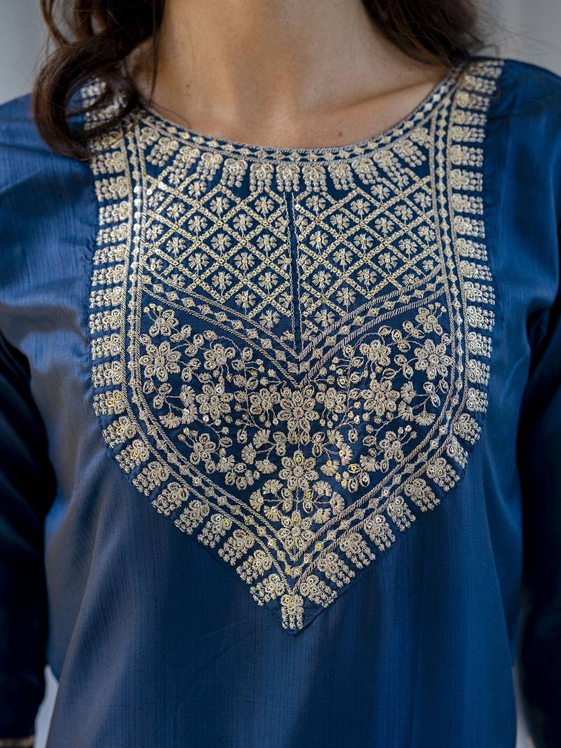 teal-blue silk blend festive kurta set