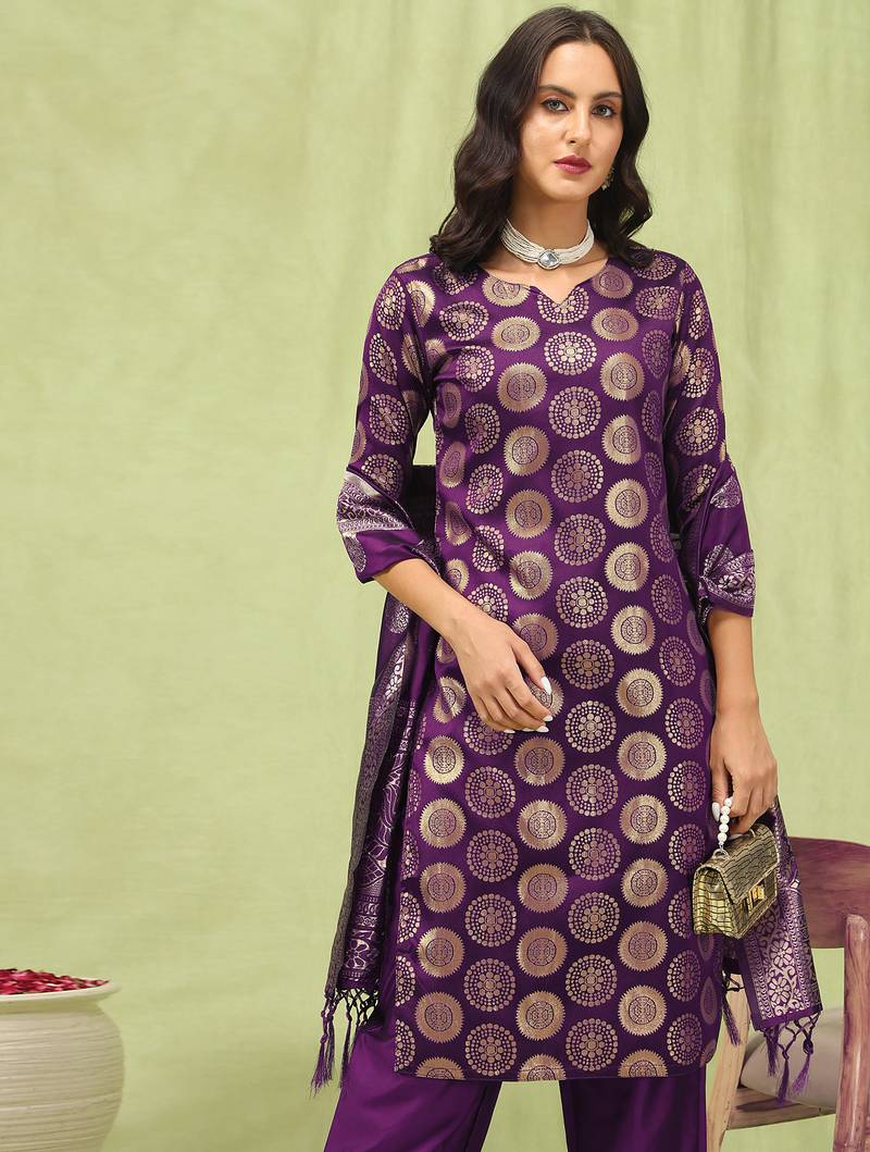 purple cotton silk festive kurta set