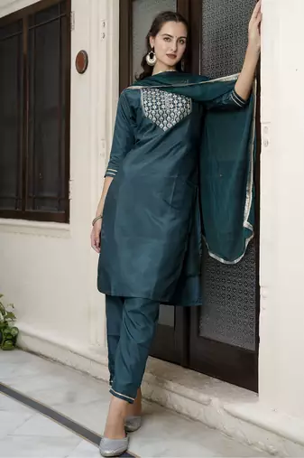 green silk blend festive kurta set