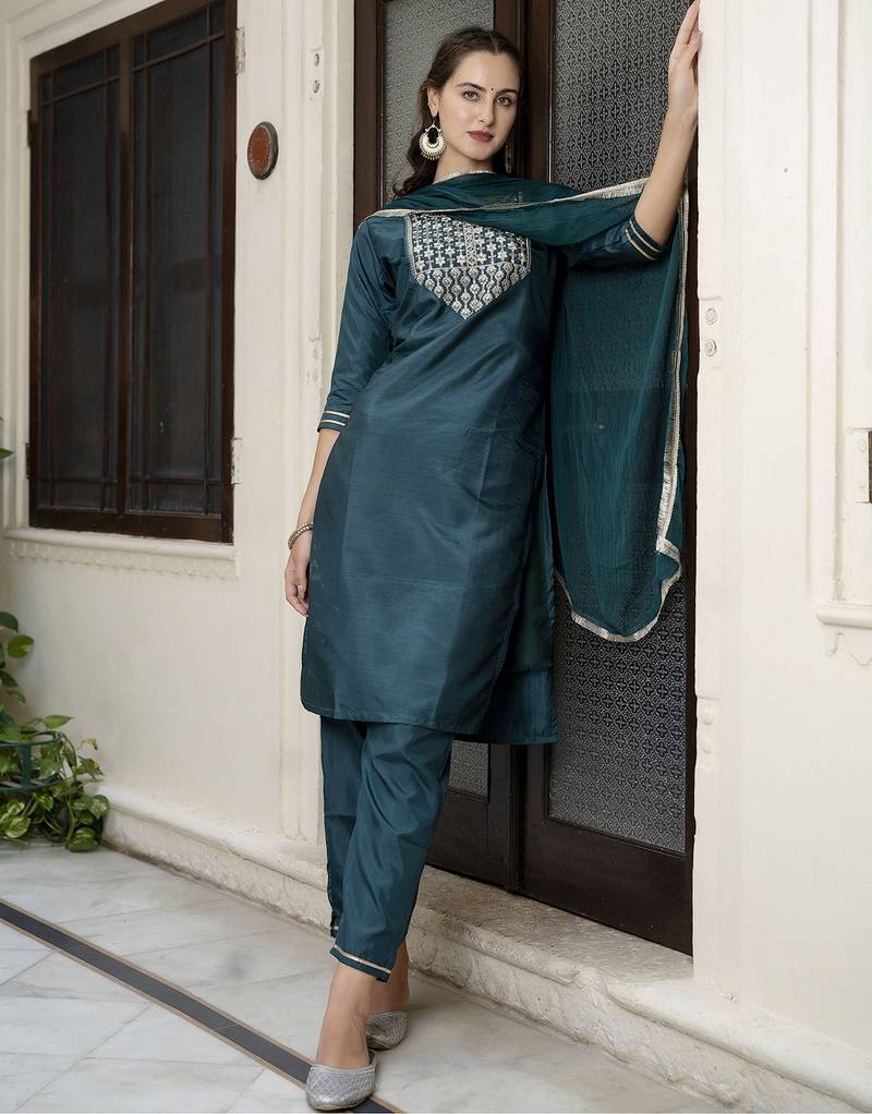 green silk blend festive kurta set