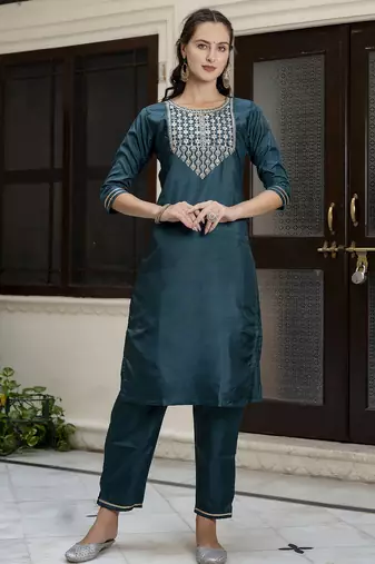 green silk blend festive kurta set