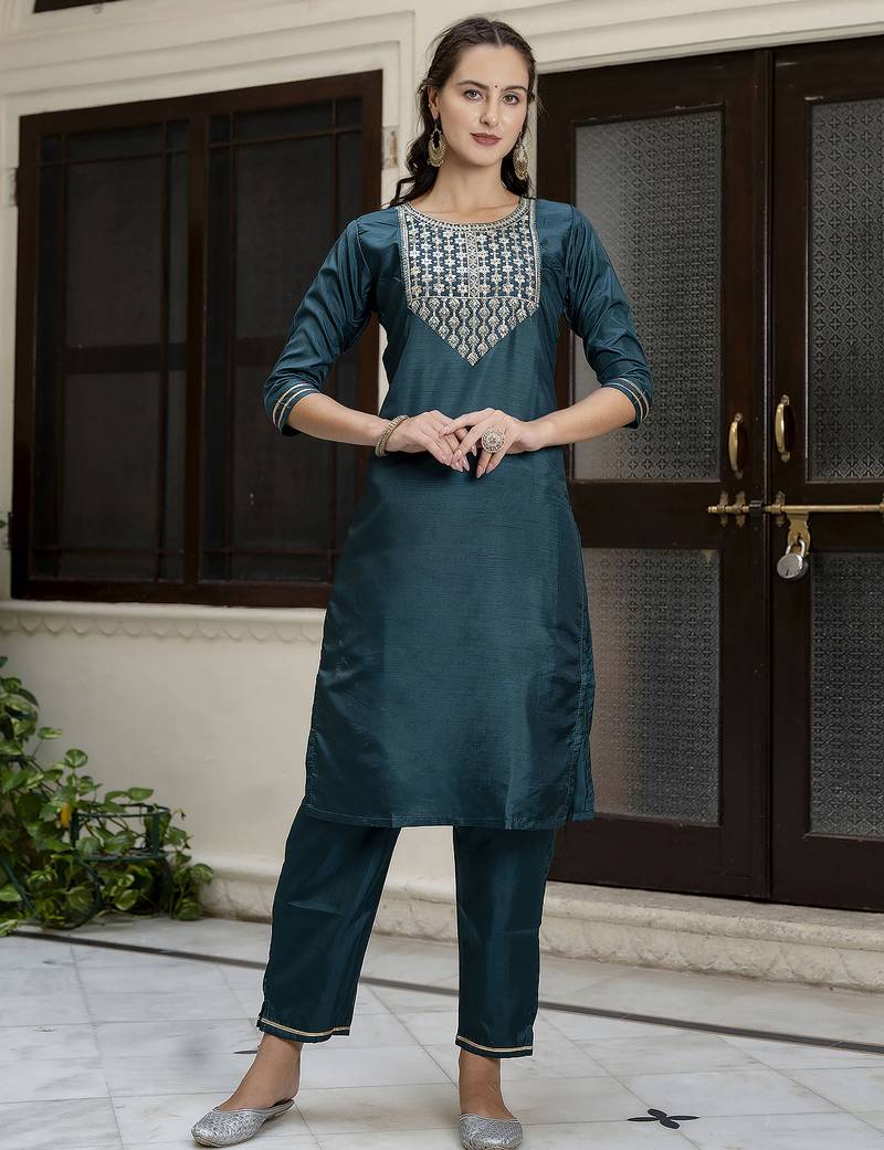 green silk blend festive kurta set