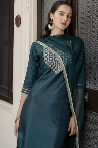 green silk blend festive kurta set