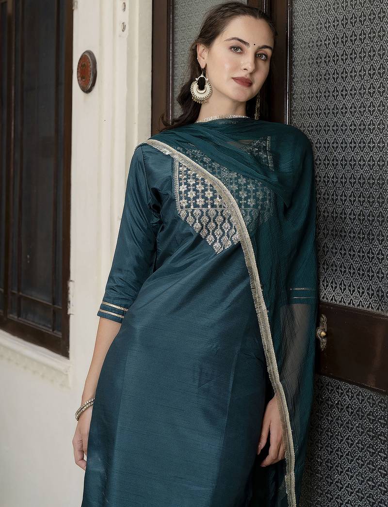 green silk blend festive kurta set