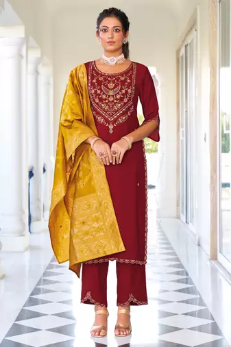 maroon viscose silk festive kurta set