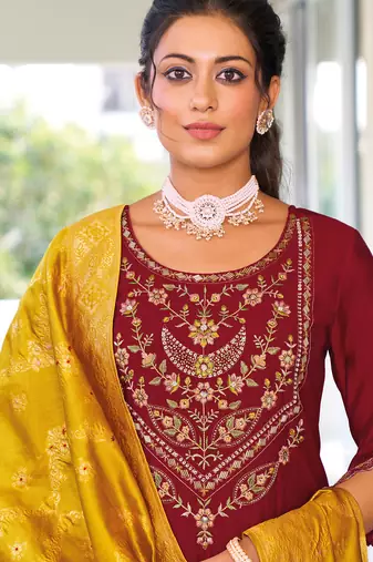 maroon viscose silk festive kurta set