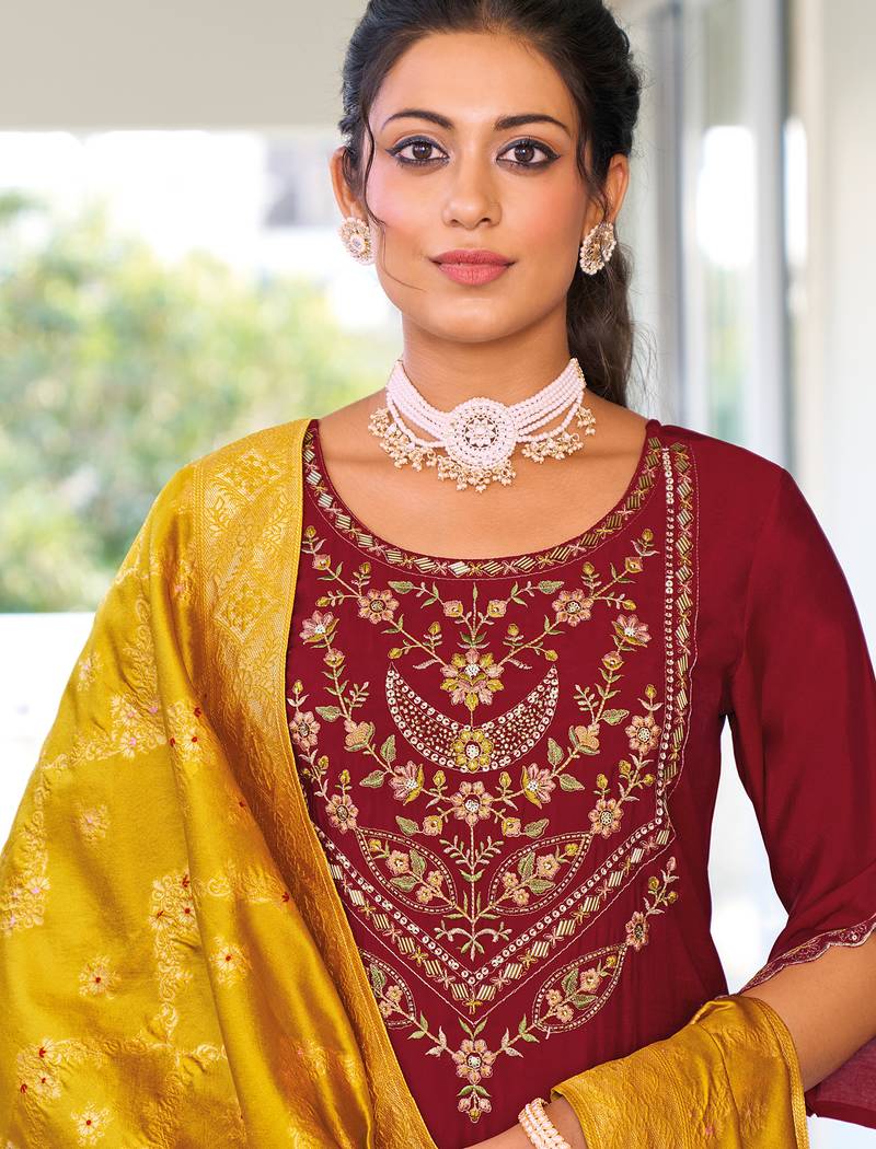maroon viscose silk festive kurta set