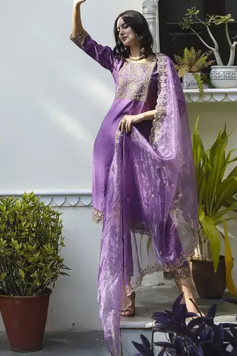 purple silk blend festive kurta set