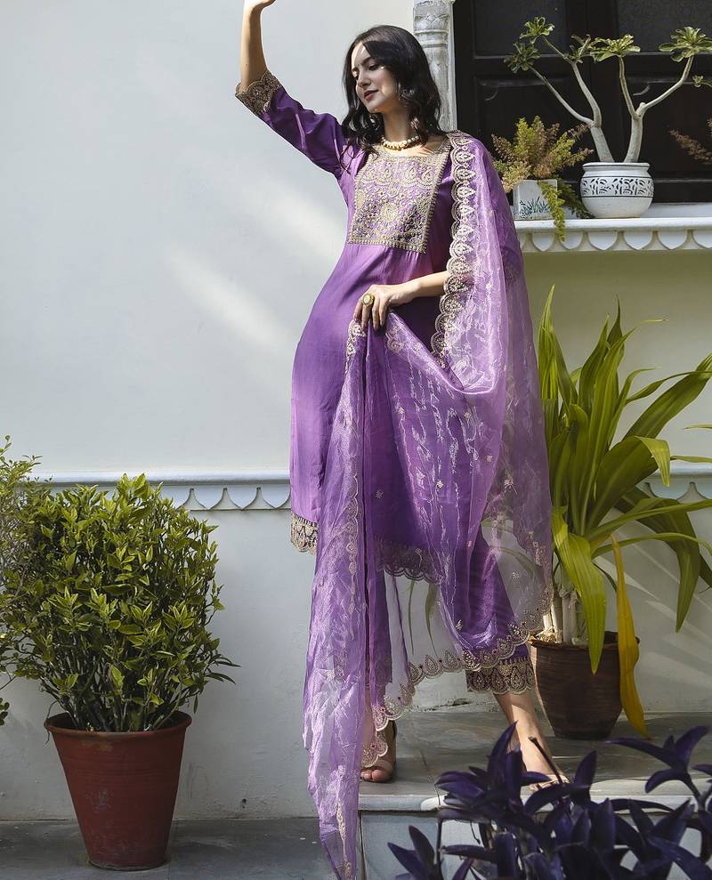 purple silk blend festive kurta set