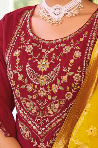 maroon viscose silk festive kurta set