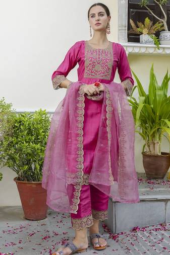 pink silk blend festive kurta set