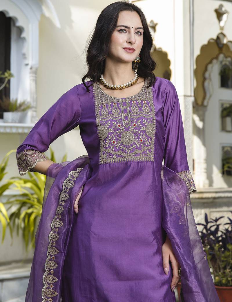 purple silk blend festive kurta set