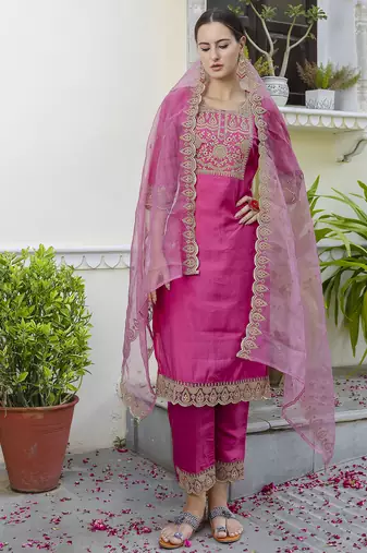 pink silk blend festive kurta set