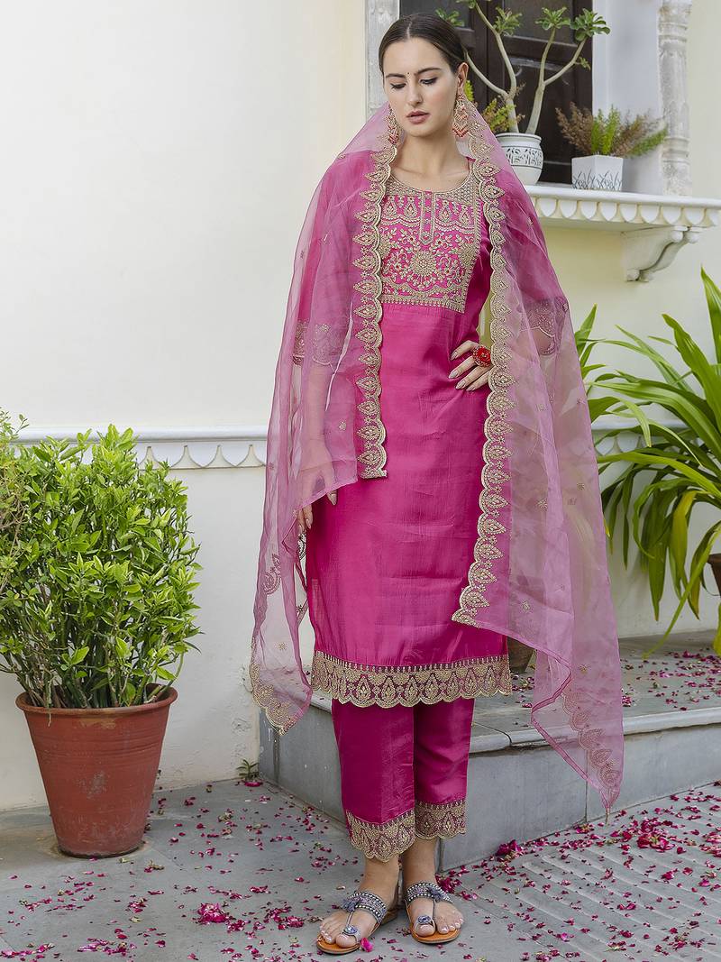 pink silk blend festive kurta set