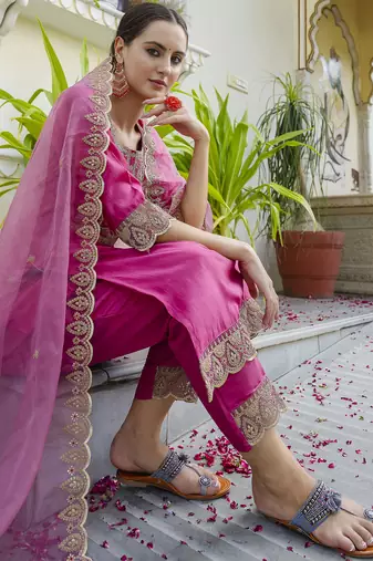 pink silk blend festive kurta set