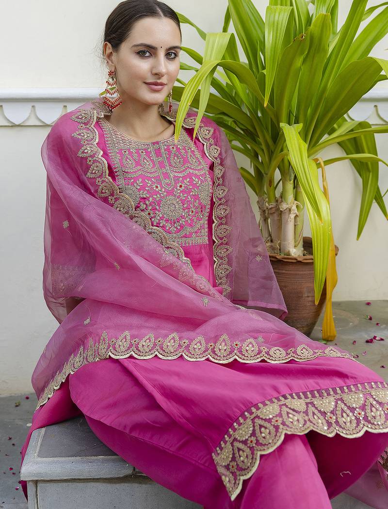 pink silk blend festive kurta set