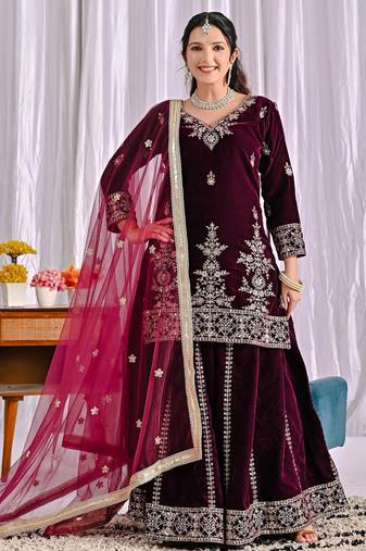 wine velvet festive kurta set