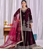 wine velvet festive kurta set