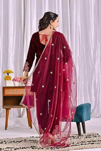 wine velvet festive kurta set