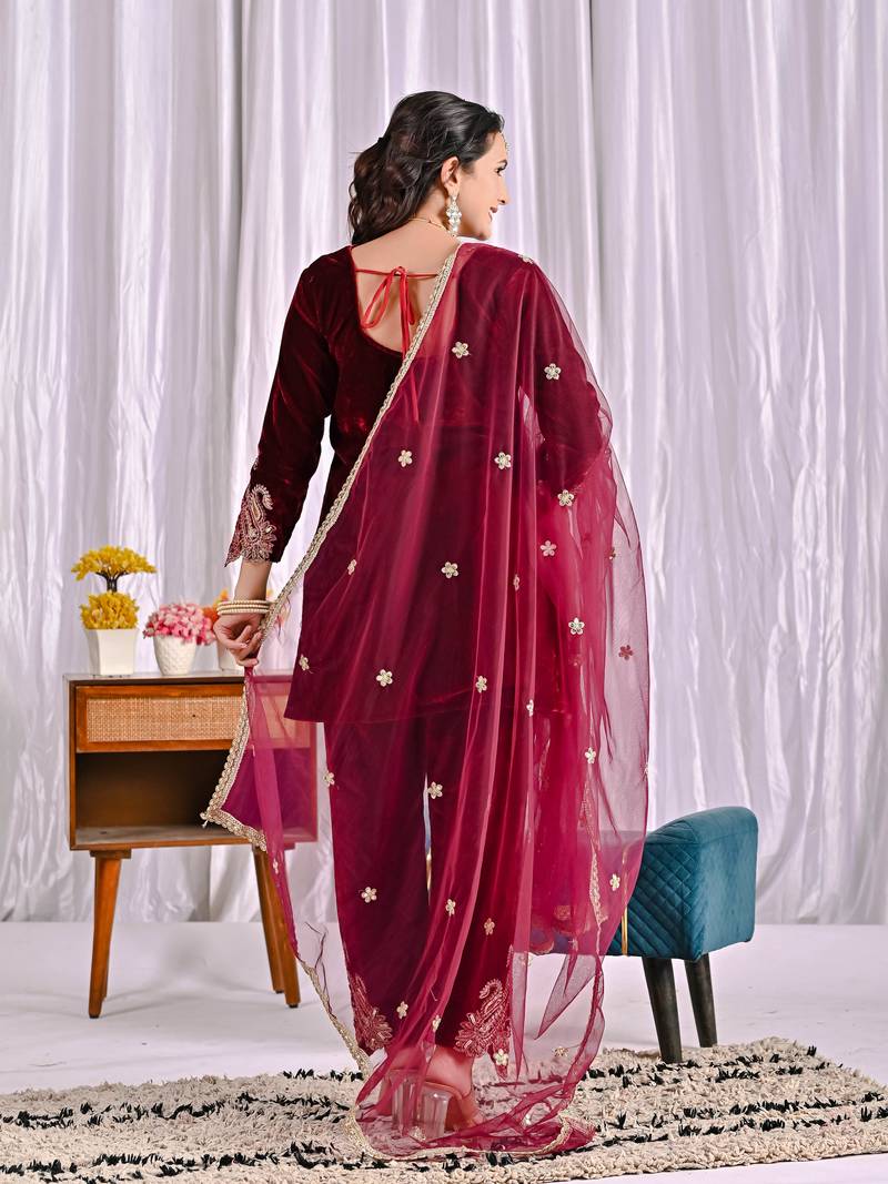 wine velvet festive kurta set