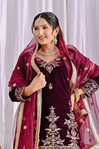 wine velvet festive kurta set