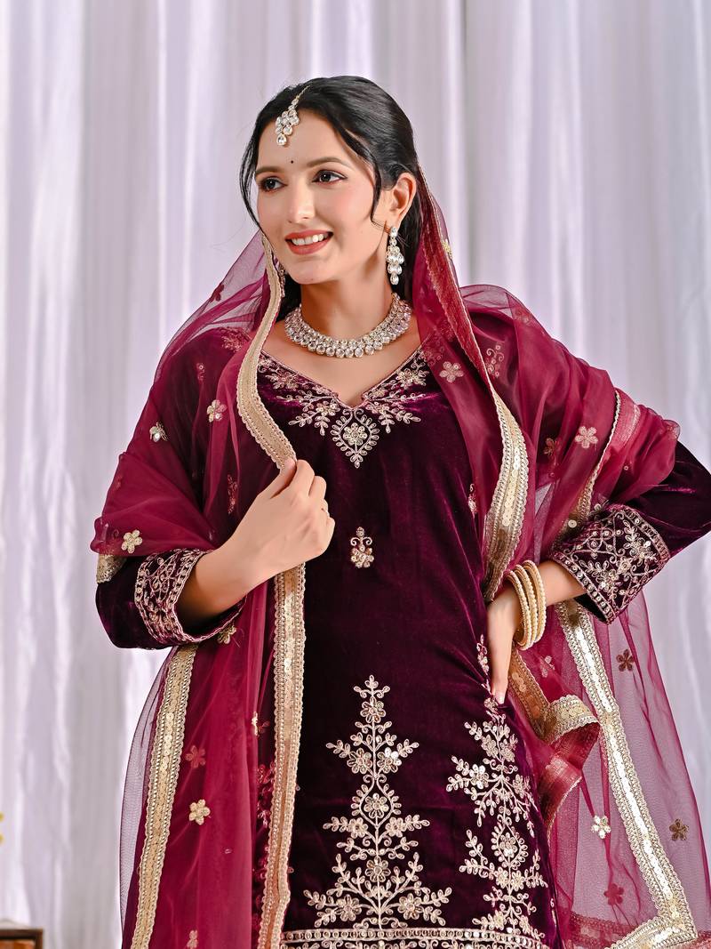 wine velvet festive kurta set
