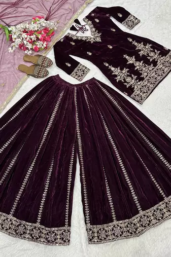 wine velvet festive kurta set