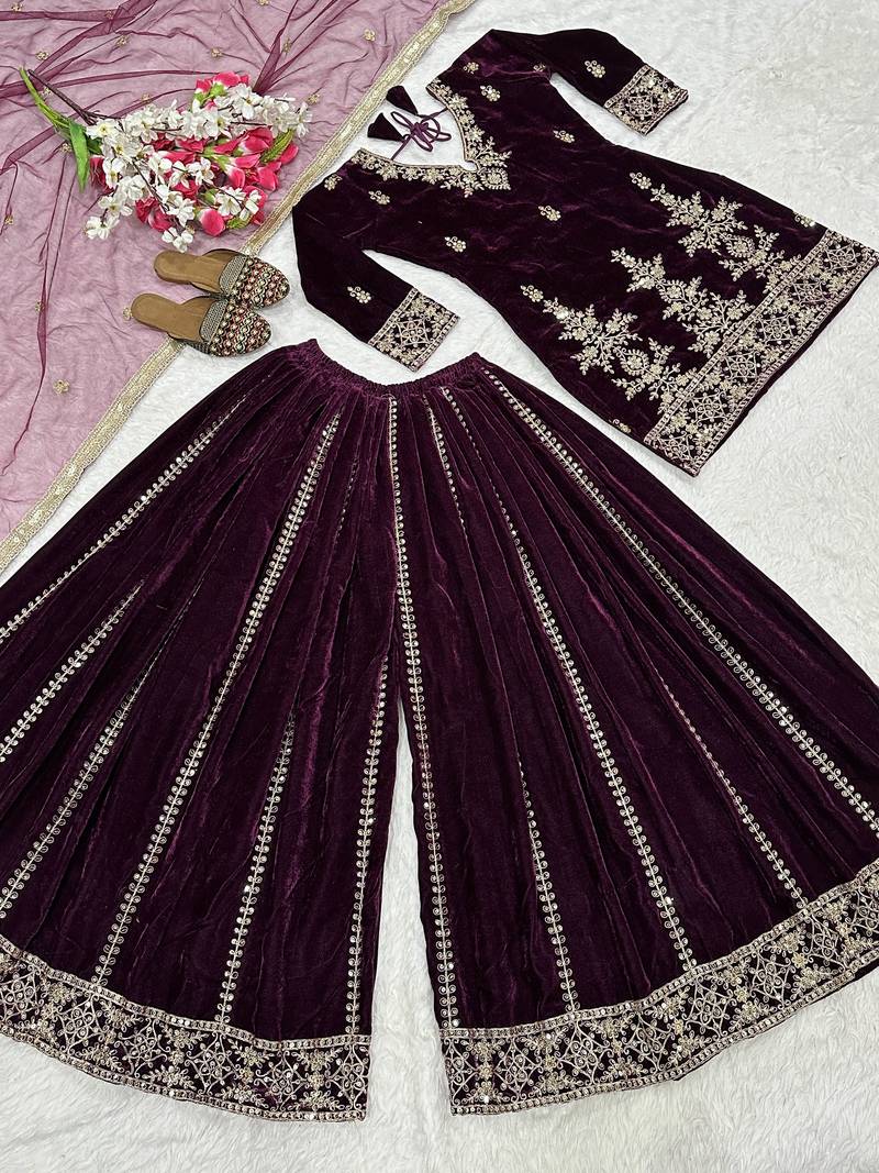wine velvet festive kurta set