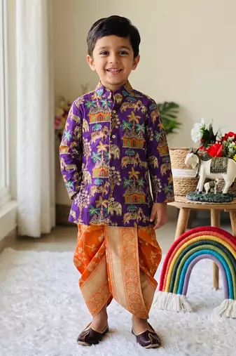 Kids festive purple elephant motif kurta and orange dhoti set