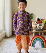 Kids festive purple elephant motif kurta and orange dhoti set