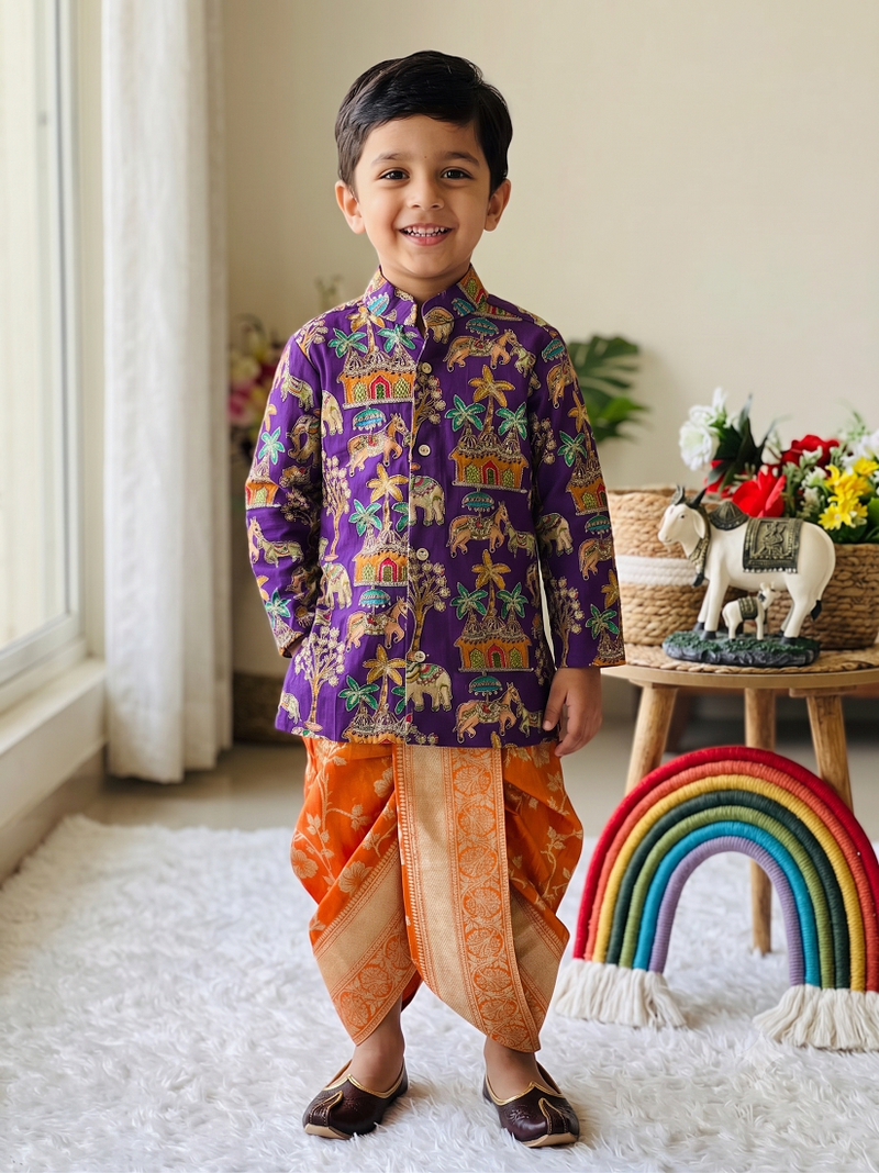 Kids festive purple elephant motif kurta and orange dhoti set