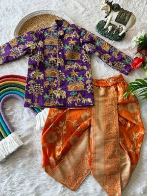 Kids festive purple elephant motif kurta and orange dhoti set 2