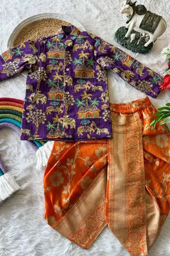 Kids festive purple elephant motif kurta and orange dhoti set