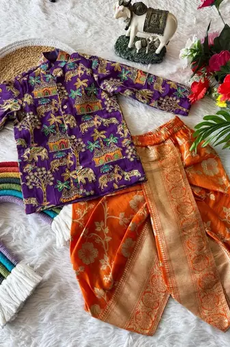 Kids festive purple elephant motif kurta and orange dhoti set