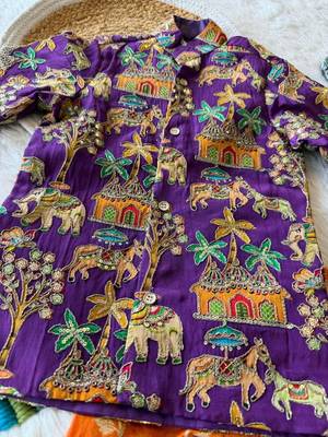 Kids festive purple elephant motif kurta and orange dhoti set 4