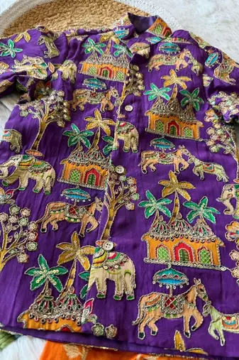 Kids festive purple elephant motif kurta and orange dhoti set
